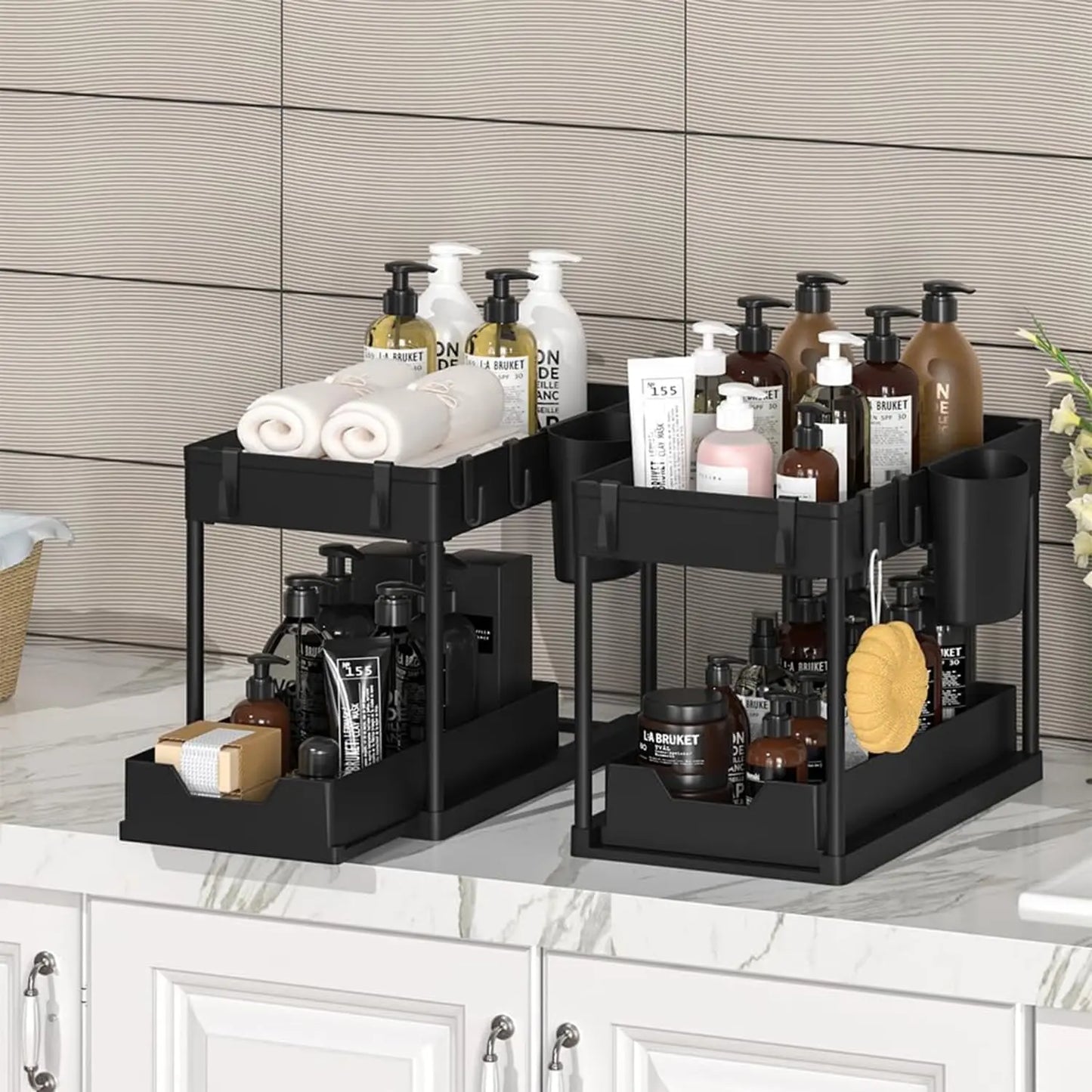 Under Sink Organizers 2 Tier Under Bathroom Cabinet Holder with Hooks & Hanging Cup, Multi-Purpose Storage Shelf for  Kitchen - Shoppiline