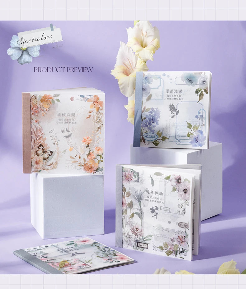 4Style 20pcs/book INS Floral Sticker Book Four Seasons Theme Cutting Scrapbook Dual-material Handbook DIY Decorative Stickers