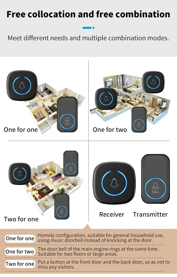 Wireless Doorbell Intelligent Welcome Door Bell 300M/984 FT Remote 60 Songs Melodies Home Smart Doorbell US EU Plug Optional