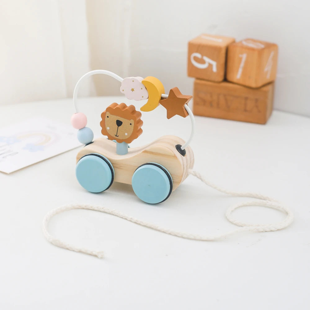 Montessori Holz Baby Anhänger Spielzeug Multifunktionale Bunte Cartoon Bausteine Ziehen Auto Eltern Kind Spielzeug Baby Geschenk