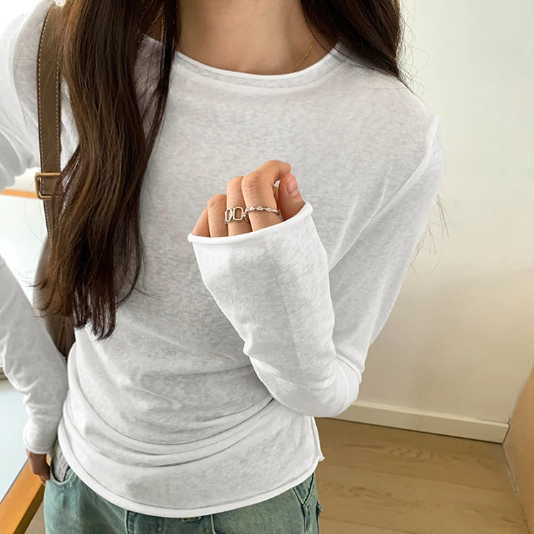 Spring Autumn T shirt Women Tops Solid Long Sleeve Ruched O Neck Tshirts Female Korean Casual Streetwear High Quality Base Tees