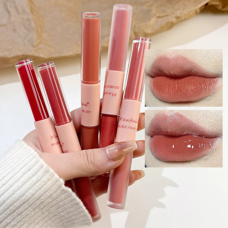 Doppelseitiger Lip Glaze Vollglanz Spiegel und mattes Samt Langzeit-Farbe und Feuchtigkeit Lip Gloss Anti-Flecken Kosmetik Lip Glaze