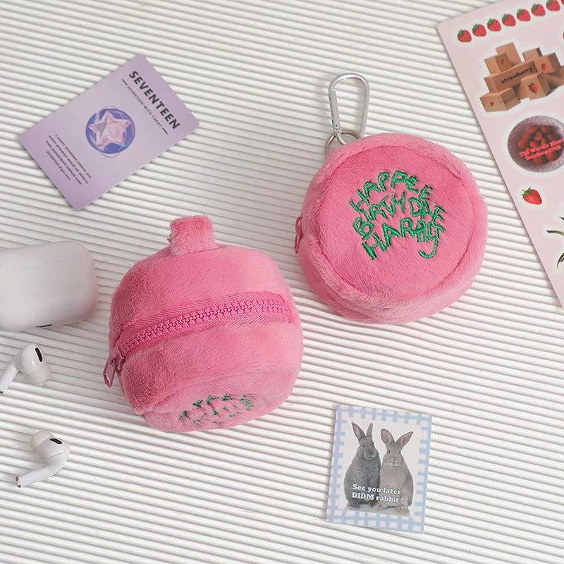 Rosa Mini-Münz-Täschchen Kopfhörerkabel-Aufbewahrungstasche Kawaii Flecken Süße Plüsch-Harries Tragbare Geldbörse Münzbeutel Kuchen-Tasche