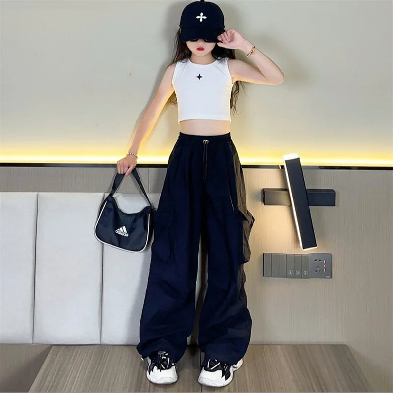 Girls Loose Joggers Pants Teen Casual Straight Cargo Trousers Fashion Children Pockets Design Streetwear Big Kids Pants 5-14 Yea
