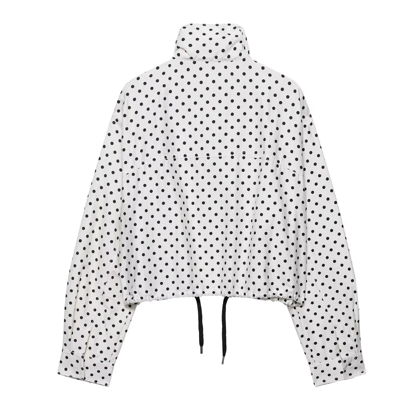 HH Fashion Women's Polka Dot Print Short Coats Autumn Long Sleeves Turtleneck Zipper With Pockets Drawstring Casual Jacket