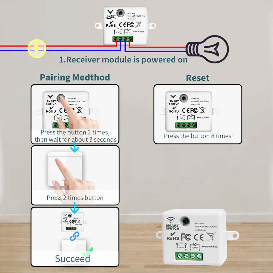 433MHz Wireless Smart Switch 1/2/3 Gang 86 Wall Panel Remote Control Light Switch 10A 110V 220V Home Bedroom Staircase LED Lamp