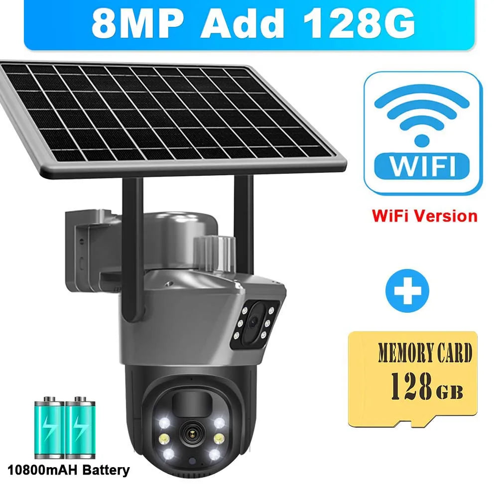 8MP 4K WiFi Solar Camera Outdoor Wireless CCTV Surveillance Camera With Solar Panel Dual Lens PTZ IP Cam Security Protection - Shoppiline