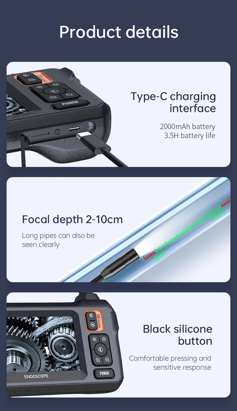Industrial Endoscope Camera 8mm HD1080P 4.3inch IPS Screen 1080P Pipe Inspection Camera for Car Repair IP67 Waterproof 8 LEDS - Shoppiline