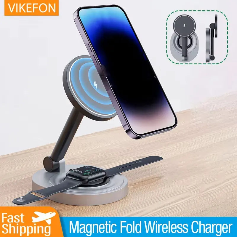 Magnetic 2 In 1 Wireless Charger Stand  Pad Fast Charging Station Dock For iPhone 15 14 13 12 Pro Max Apple Watch 8 7 6 Airpods - Shoppiline