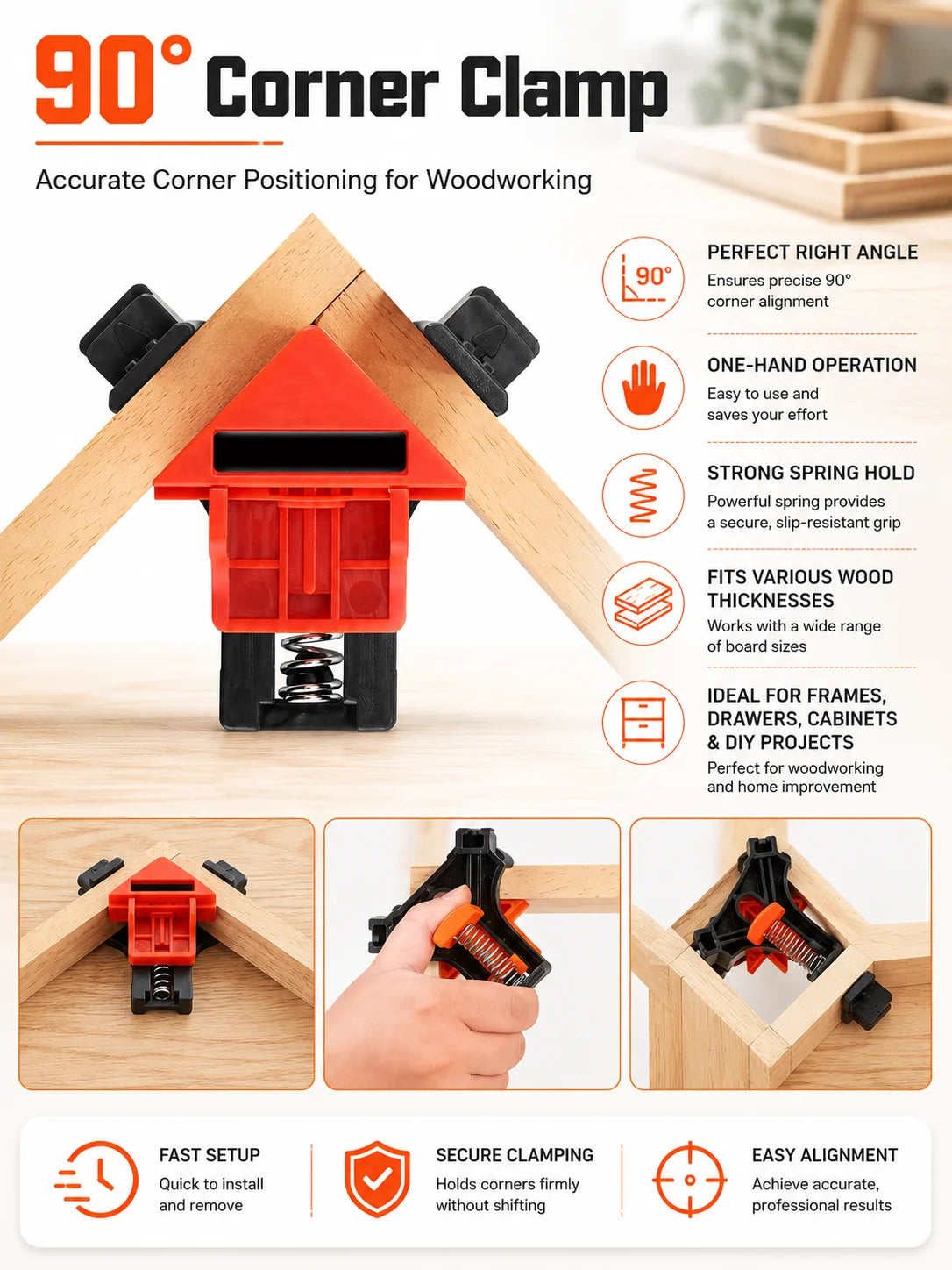 Right Angle Clamp, 90 Degree Corner Clamp, Picture Frame Glass Holder, DIY Woodworking Hand Tool for Furniture Fixing