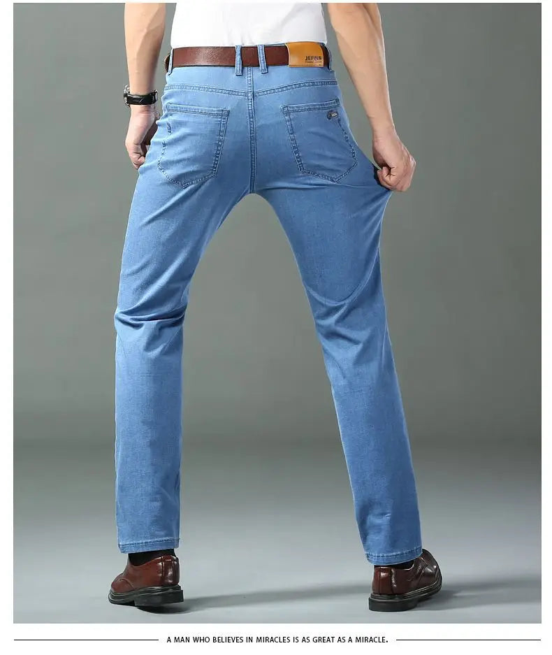Summer Thin Classic Style Men Brand Jeans Business Casual Stretch Straight Denim Pants Light Blue Black Trousers Male - Shoppiline