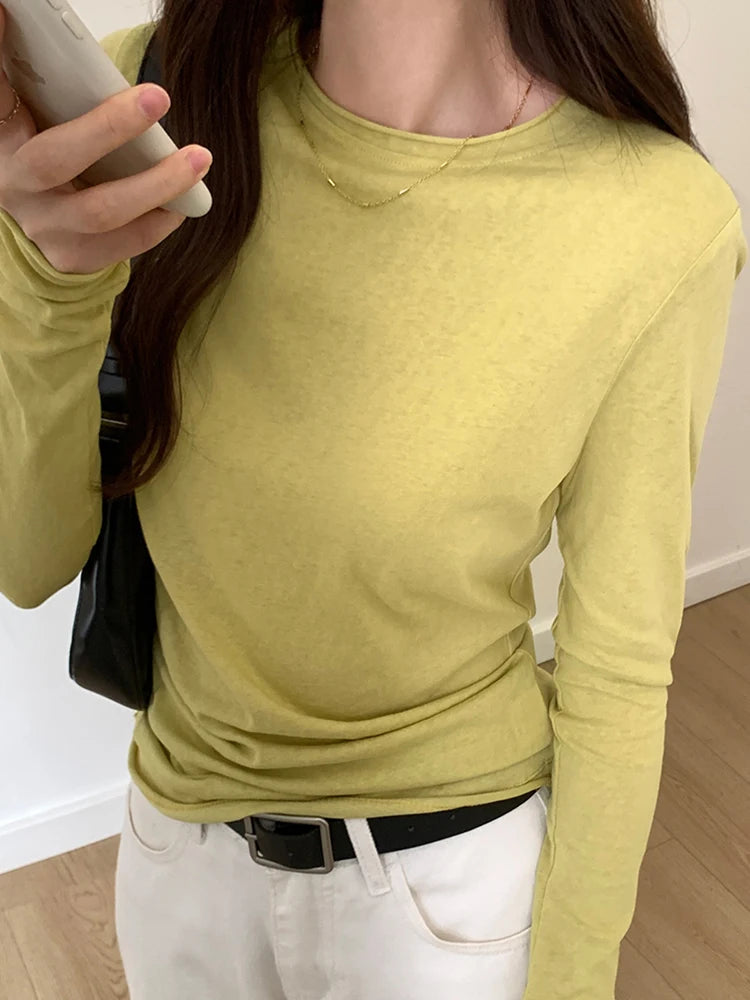 Spring Autumn T shirt Women Tops Solid Long Sleeve Ruched O Neck Tshirts Female Korean Casual Streetwear High Quality Base Tees