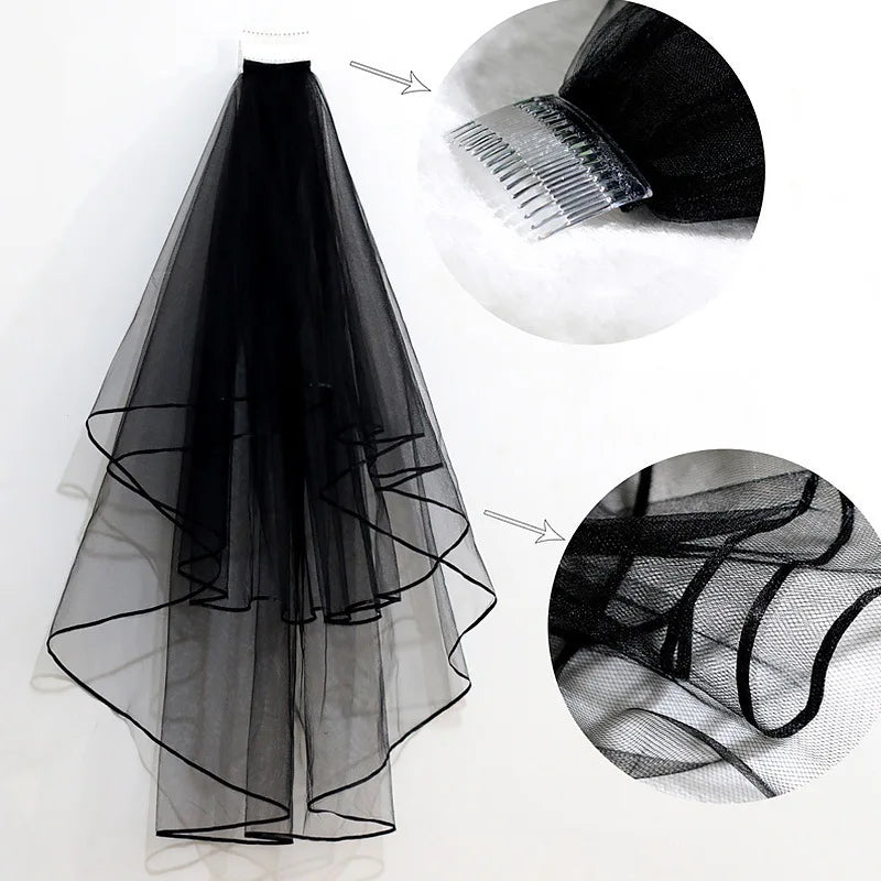 Gothic Ribbon Edge Bridal Veil for Women Accessories 2 Tiers with Comb Wedding Party Short Veil Accessories