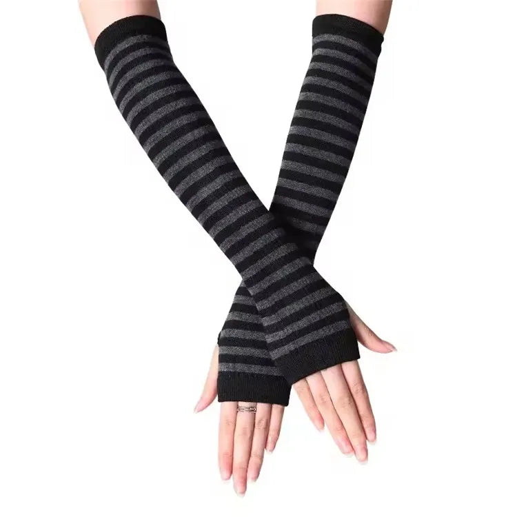 Striped Fingerless Gloves Arm Warmers Cotton Elbow Protection Warm Bracelet Gloves for Cold Weather Daily Casual Outdoor Wear