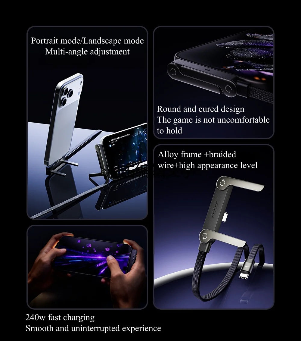2-IN-1 Type-C Cable Foldable Mobile Phone Holder 240W Fast Charging Data Cable Multifunction Phone Charge Bracket Dual PD cable - Shoppiline