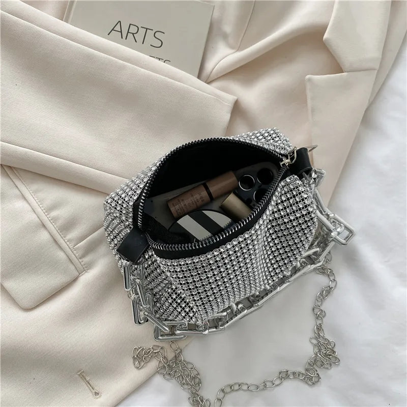 HOMEFISH Allover RhiHOMEFISH nestone Bucket Bag, Glitter Chain Prom Purse, Women's Mini Crossbody Bag