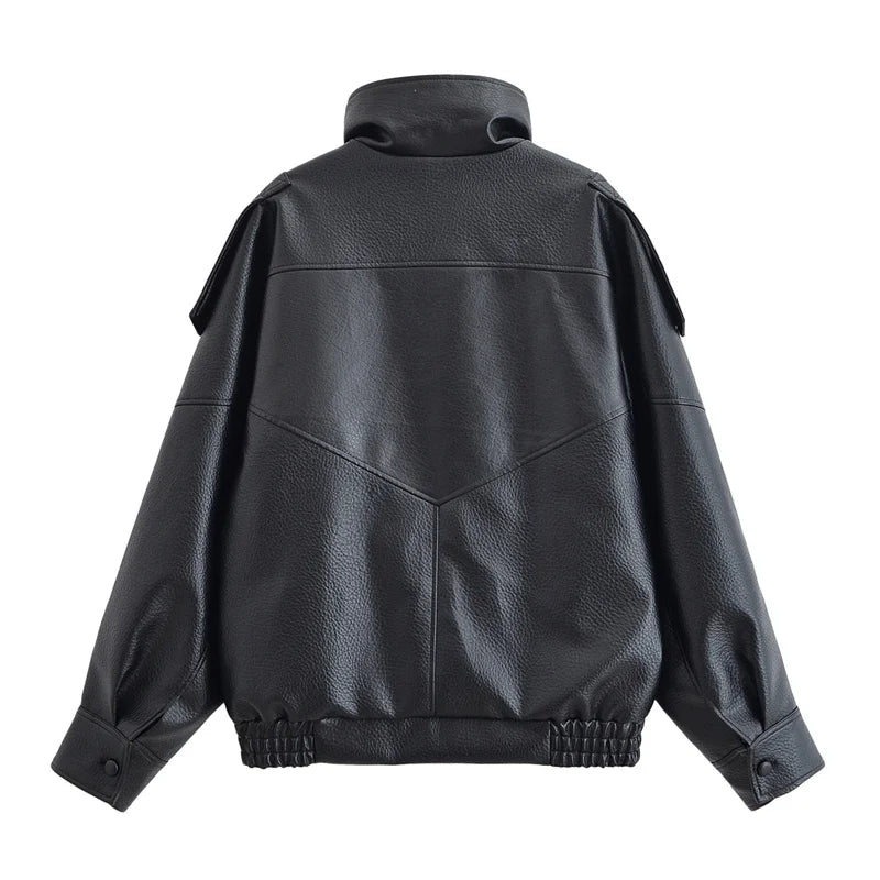 Women's Jacket 2026 Autunm  New Black Long Sleeve Pebble Faux Leather Jacket Motorcycle Style Personality Fashion