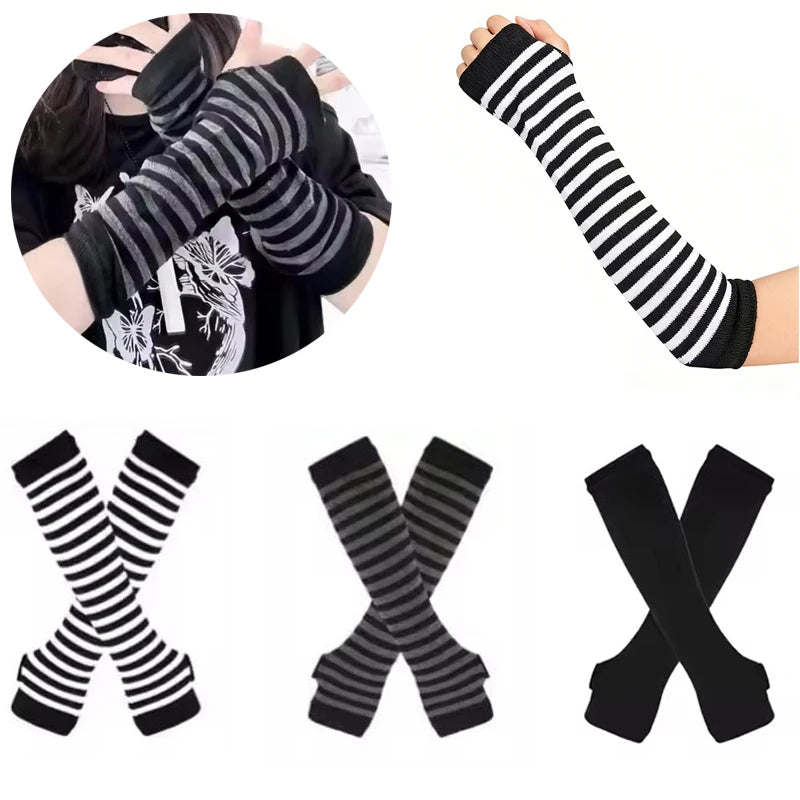 Striped Fingerless Gloves Arm Warmers Cotton Elbow Protection Warm Bracelet Gloves for Cold Weather Daily Casual Outdoor Wear