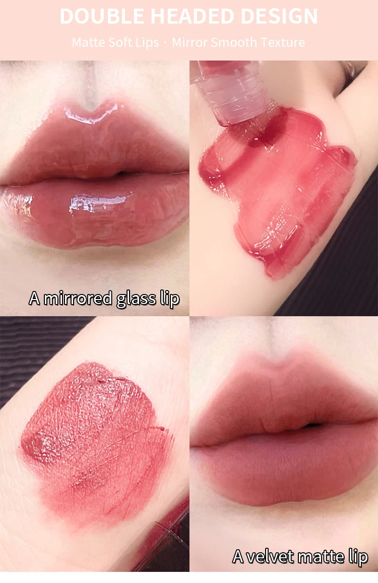 Doppelseitiger Lip Glaze Vollglanz Spiegel und mattes Samt Langzeit-Farbe und Feuchtigkeit Lip Gloss Anti-Flecken Kosmetik Lip Glaze