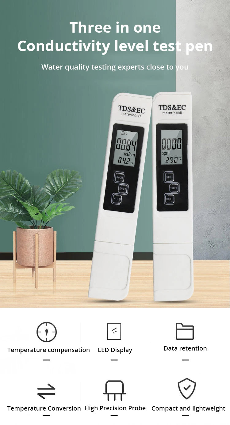 1pc White Handheld TDS Digital Water Tester High Precision Household Purified Tap Water Multifunctional Large Screen Display