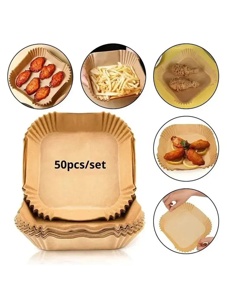 50 Stück Heißluftfritteusen-Einwegpapier Antihaft Heißluftfritteusen-Backpapier Rund Heißluftfritteusen-Papiereinlagen Küchenzubehör aus Papier
