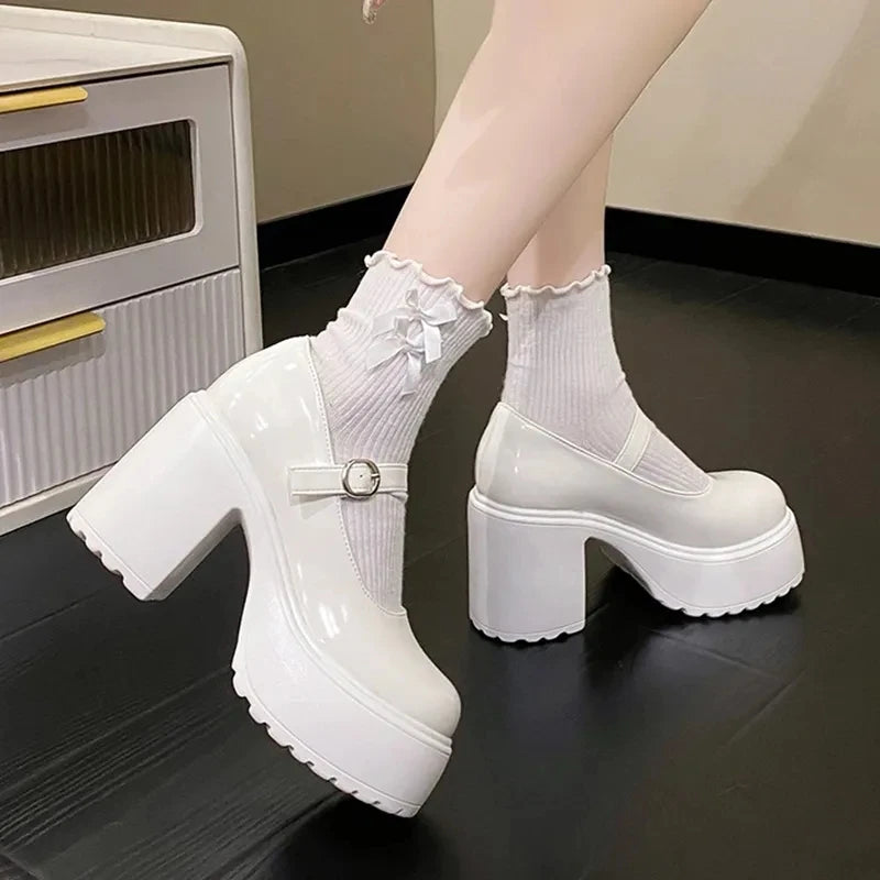 Schwarze Super High Heels Mary Jane Schuhe Damen 2026 Goth Chunky Plateaupumps Damen Übergröße Knöchelschnalle Party Lolita Schuhe 42