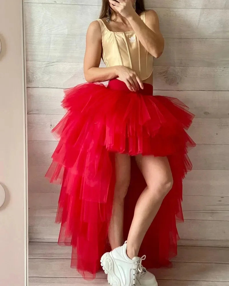 BABYONLINE Women Tiered Tulle High Low Skirts Elastic Waist Petticoat Puffy Long Tulle Skirt Female Maxi Skirt Free Size