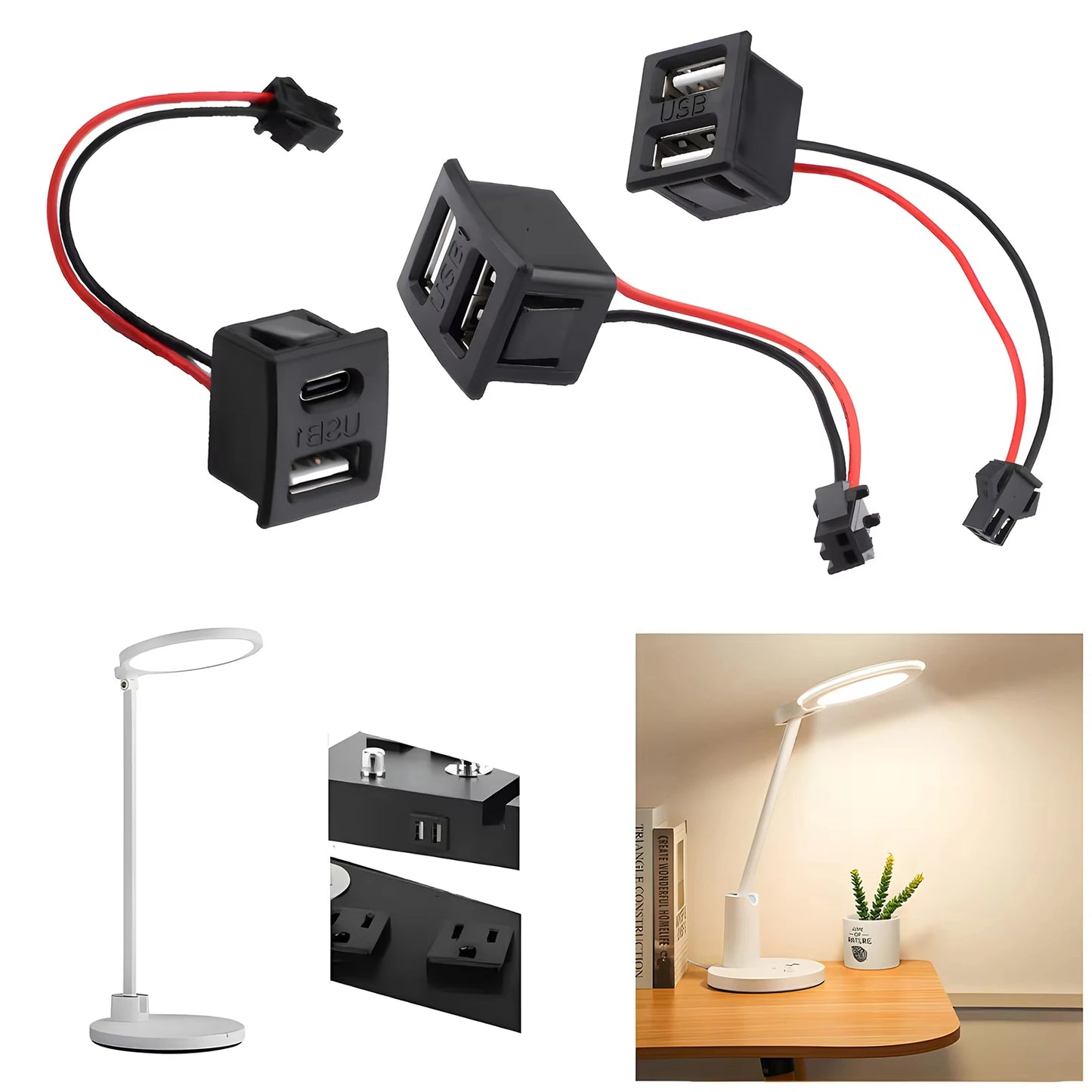 Double Layer USB Female Base Type-C Socket with Cable Connector Female USB Lamp Charging Power Socket for Electronics