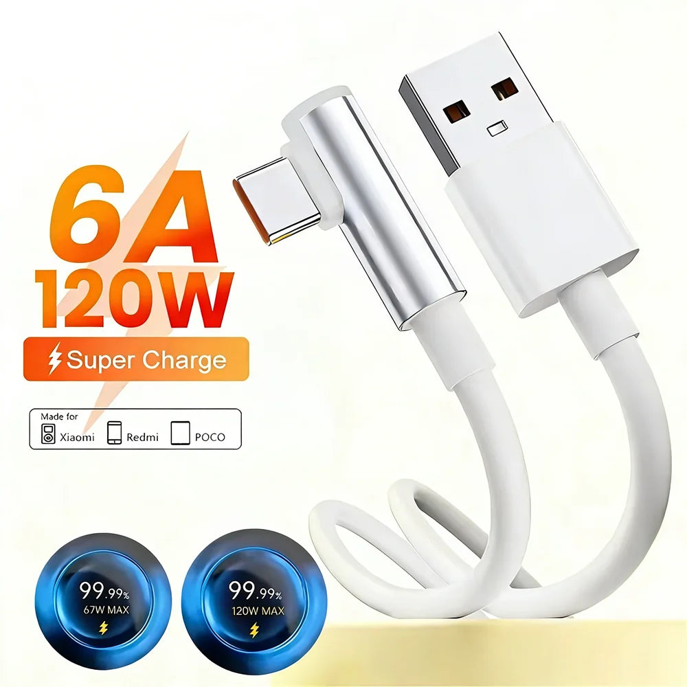 120W Type C Cable 90 Degree Elbow For Xiaomi 12 13 14 15 17 Redmi Note 13 14 15 POCO F7 F8 X5 X6 X7 Pro Quick Charging USB Cable