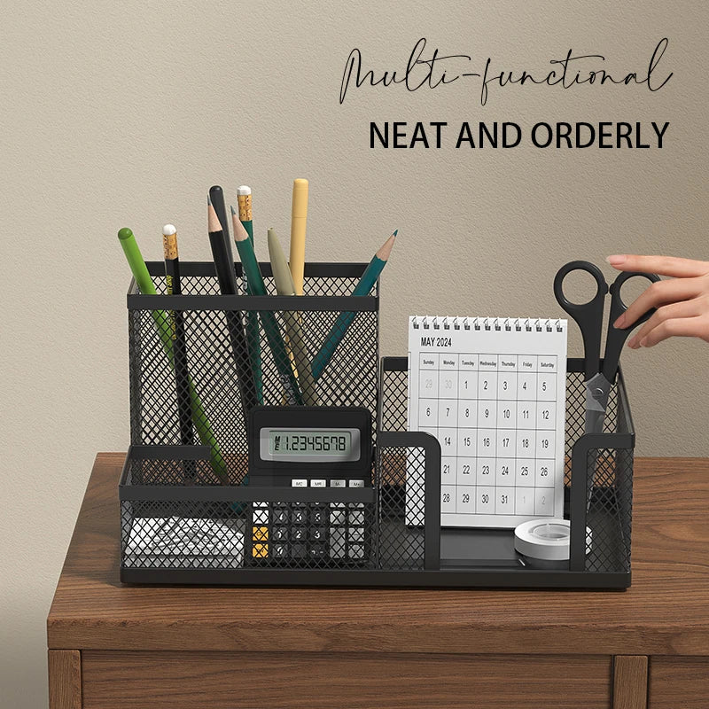 Mesh Desk Organizer Office Supplies Caddy with Pencil Holder and Storage Baskets for Desktop Accessories, 3 Compartments, Black - Shoppiline