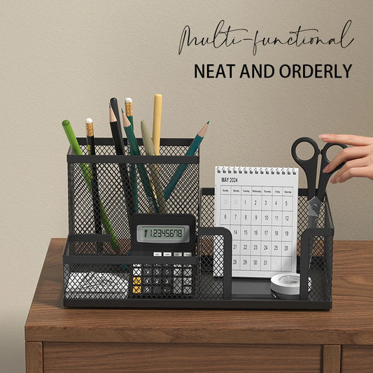 Mesh Desk Organizer Office Supplies Caddy with Pencil Holder and Storage Baskets for Desktop Accessories, 3 Compartments, Black - Shoppiline