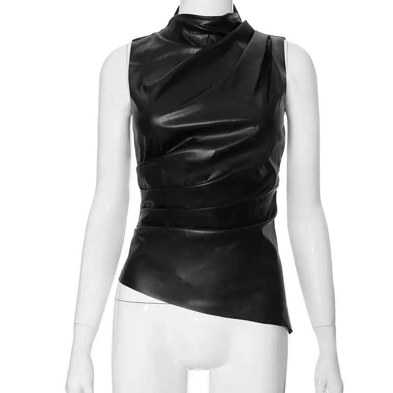 Burgundy Leather Tops Women Fashion Ruched Bodycon Crop Top Summer Sexy Sleeveless Irregular Night Club Party Tanks 2024 Black