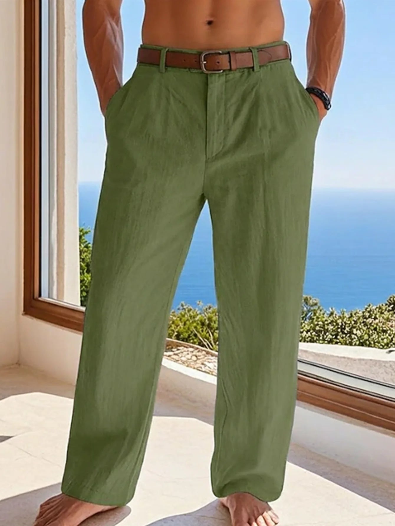 2025 summer men's cotton and linen oversized wide leg pants, men's artistic style elastic waist solid color casual loose pants