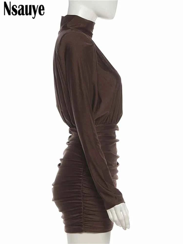 Nsauye Black Long Sleeve Mini Short Fashion Women Winter Dress Pullover Turtleneck Wrap Sexy Evening Party Night Club Dress 2025