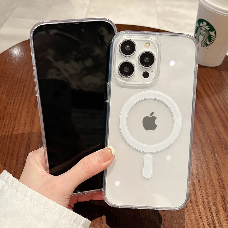 For Magesafe Magnetic Transparent Wireless Charge Case For iPhone 11 12 13 14 15 16 17 Air Pro Max Plus Mini Shockproof PC Cover