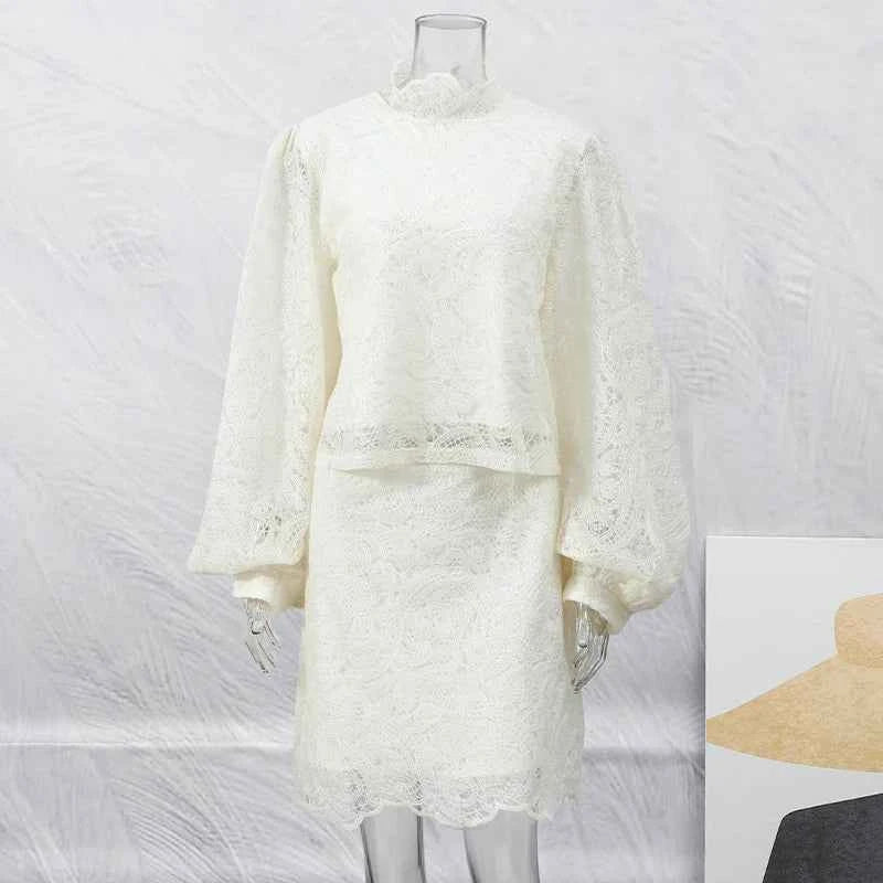 Trendy Lady Hollow Out Lace Mini Dress Elegant 2025 New Long Sleeve Designs Chic High Neck Short Vestidos Autumn Club Night Gown