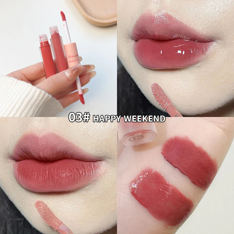 Doppelseitiger Lip Glaze Vollglanz Spiegel und mattes Samt Langzeit-Farbe und Feuchtigkeit Lip Gloss Anti-Flecken Kosmetik Lip Glaze