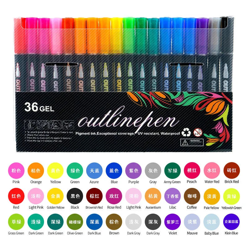 36 Color Double Line Outline Art Pen Marker Pen DIY Graffiti Outline Marker Pen Highlighter Scrapbook Diary Poster Card - Shoppiline