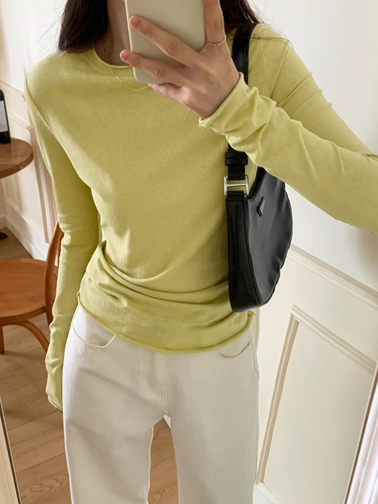 Spring Autumn T shirt Women Tops Solid Long Sleeve Ruched O Neck Tshirts Female Korean Casual Streetwear High Quality Base Tees