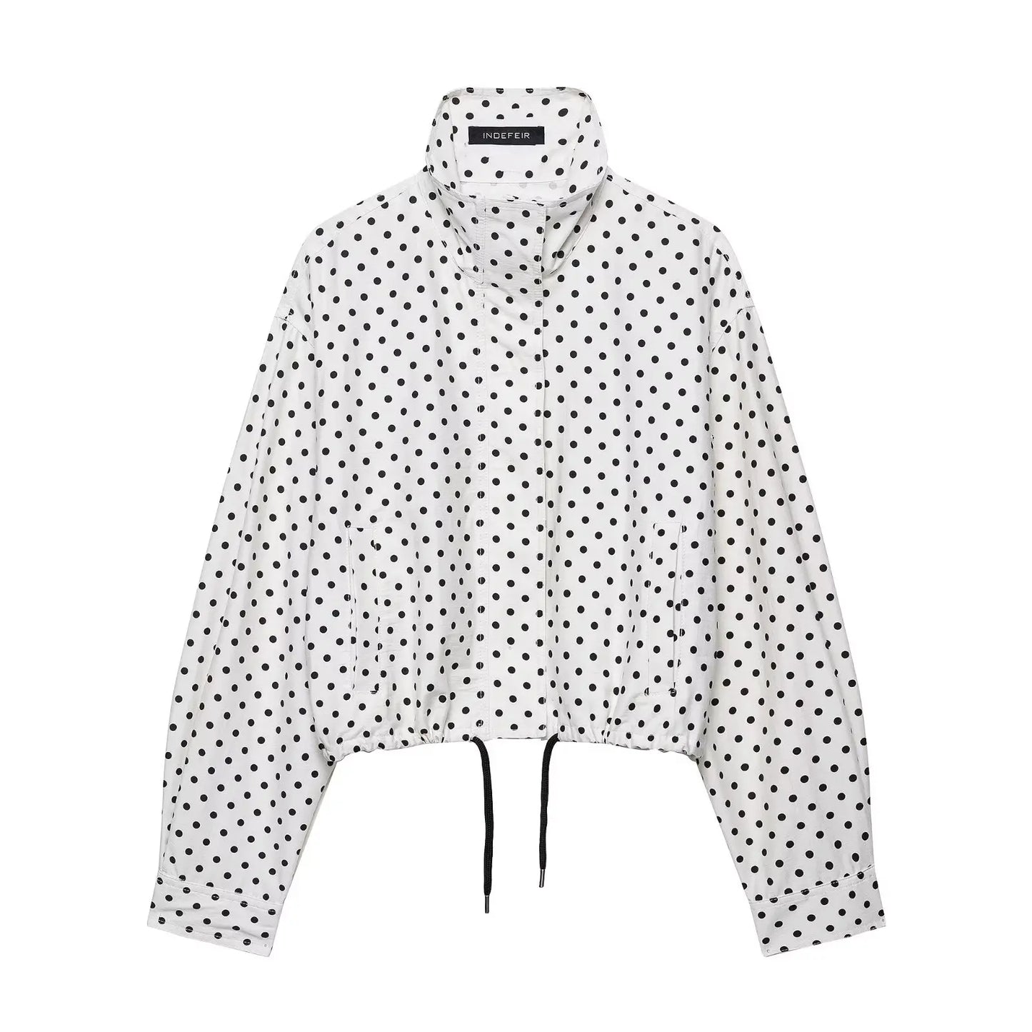 HH Fashion Women's Polka Dot Print Short Coats Autumn Long Sleeves Turtleneck Zipper With Pockets Drawstring Casual Jacket