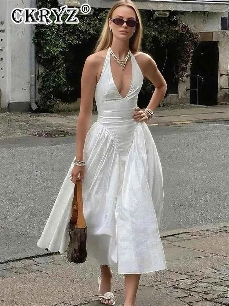 Ladies Summer Evening Party New Fashion Dress Women Sleeveless Backless V-Neck Sexy Birthday  Long Dresses 2025 Woman Streetwear