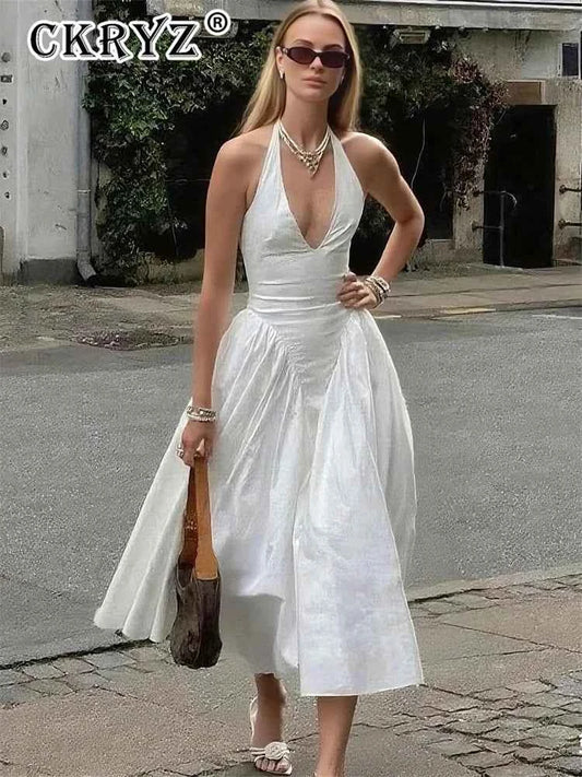 Ladies Summer Evening Party New Fashion Dress Women Sleeveless Backless V-Neck Sexy Birthday  Long Dresses 2025 Woman Streetwear