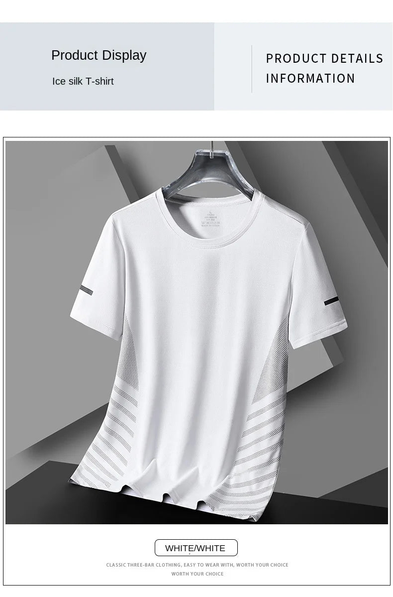 Laufendes T-Shirt Herren Sommer Eisseide Dünnes Oberteil Reflektierender Druck Schnell Trocknend Kurzarm Atmungsaktives Fitness Sport T-Shirt 5XL