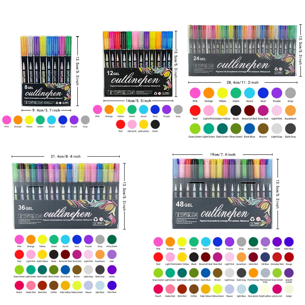 8/12/24 Colors Double Line Outline Pens, Self-Outline Metallic Markers Glitter Writing Drawing Pens For Christmas Card Writing
