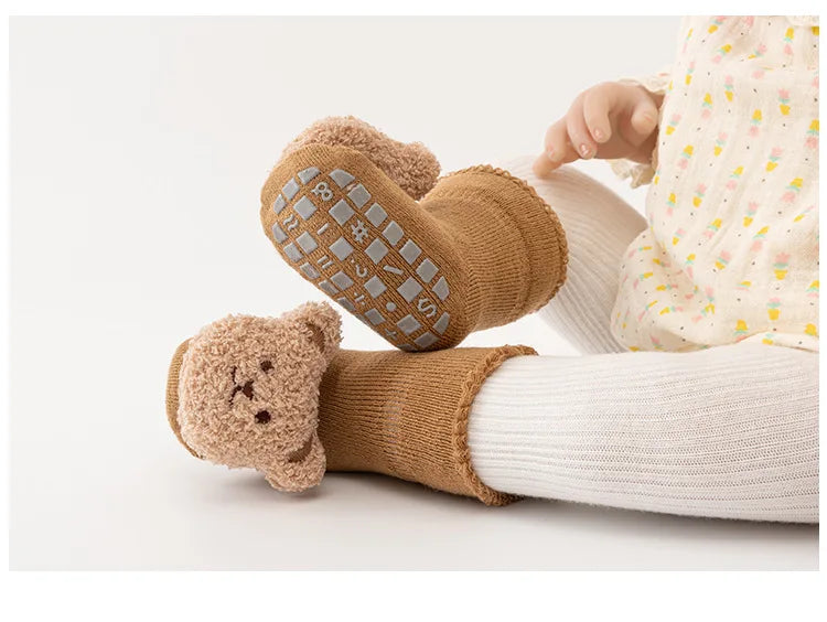 New Cute Cartoon Bear Baby Socks For Boys Girls Winter Soft Cotton Anti Slip Solid Newborn Toddler Sock Kids Thicken Socken
