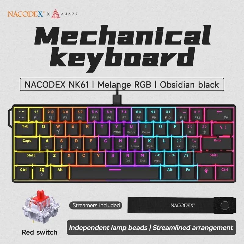 AJAZZ NK61 Wired Mechanical Keyboard 61 Keys 60% Compact  Hot Swappable Red Switch RGB Backlit Portable for Gaming Laptop Gamer