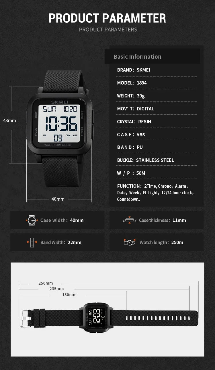 SKMEI 1894 Sport Electronic Watch for Men Shockproof Waterproof Countdown Mens Wristwatch Military Alarm Clock 1960 Reloj Hombre