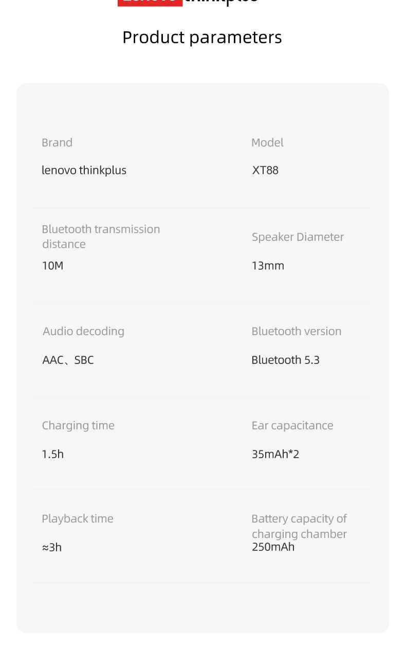 5PCS Original Lenovo XT88 Wireless Bluetooth Headset Ultra Long Standby Battery TWS Sport In-Ear Binaural HD Microphone