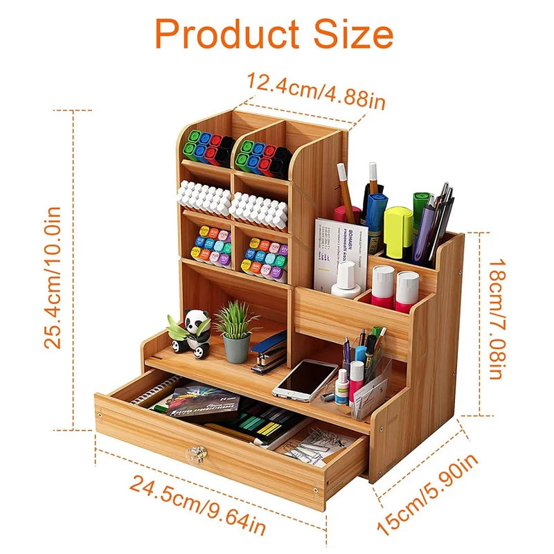 Wooden Desk Organiser DIY Desktop Tidy Pen Holder Large Capacity Stationery Storage Box with Drawer for Home Office and School - Shoppiline