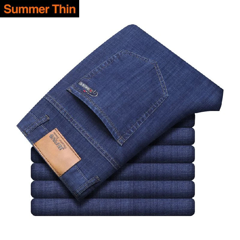 Summer Thin Classic Style Men Brand Jeans Business Casual Stretch Straight Denim Pants Light Blue Black Trousers Male - Shoppiline